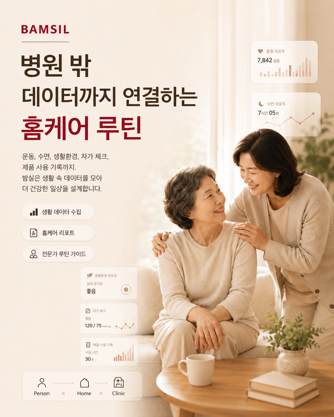 병원 밖 생활 데이터를 홈케어 리포트와 루틴 가이드로 연결하는 밤실 홈케어 솔루션 소개 이미지